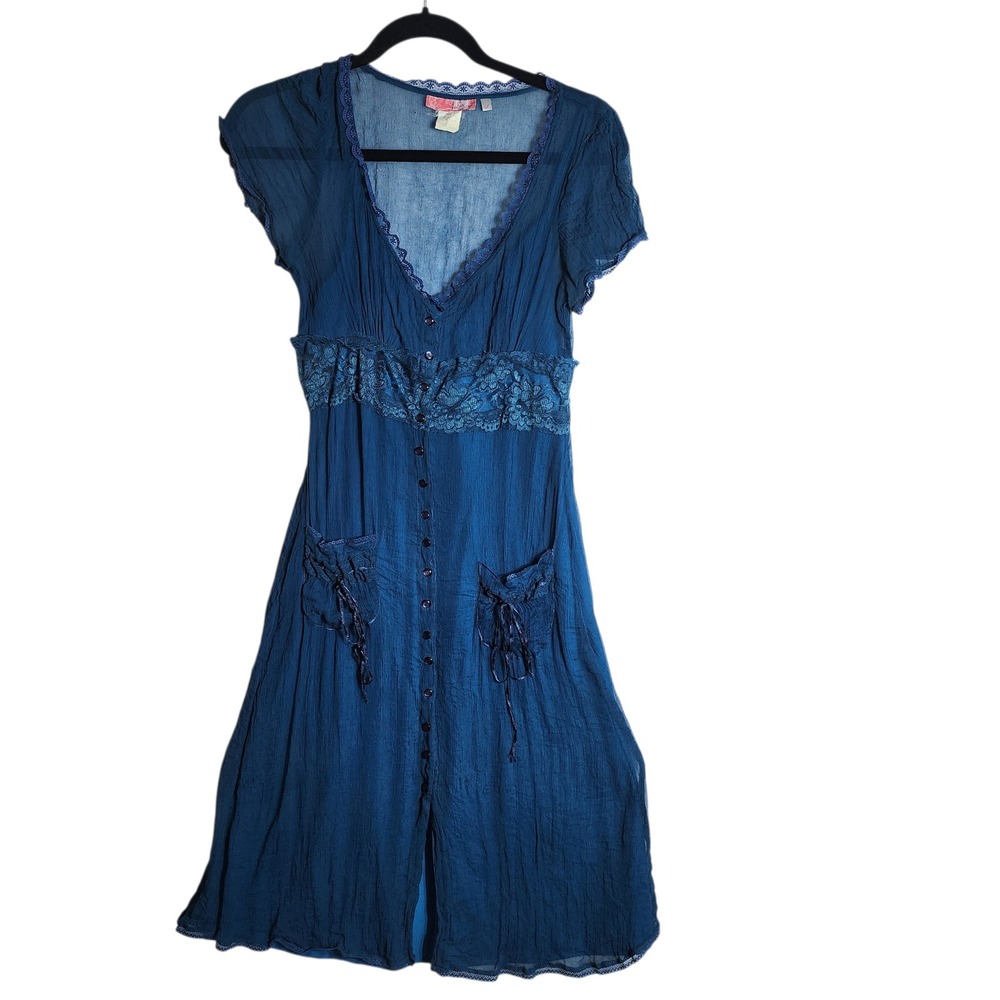 Lux Urban Outfitters Teal Blue Lace Trim Crinkle Gauze Button Front Midi Dress S
